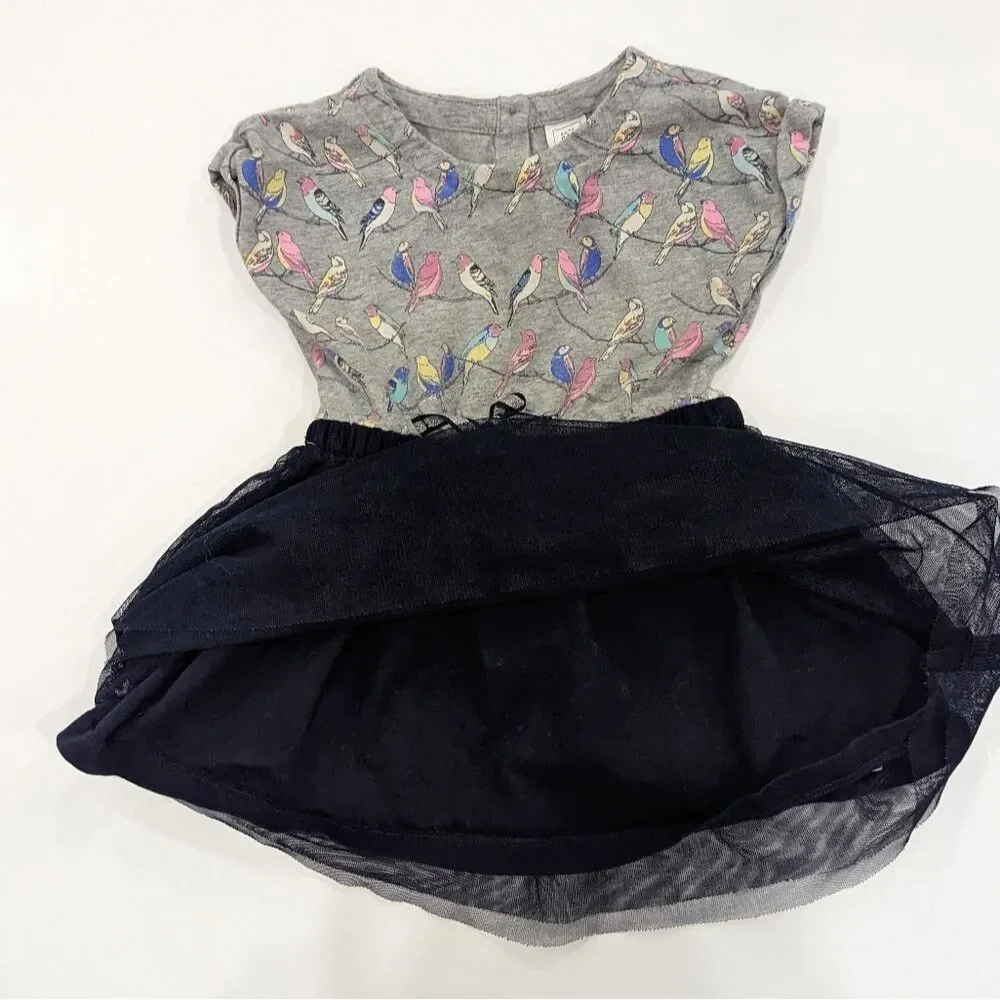 Baby Gap Bird Gray Blue Tulle Short Sleeve Spring Summer Dress Girl Size 18-24mo